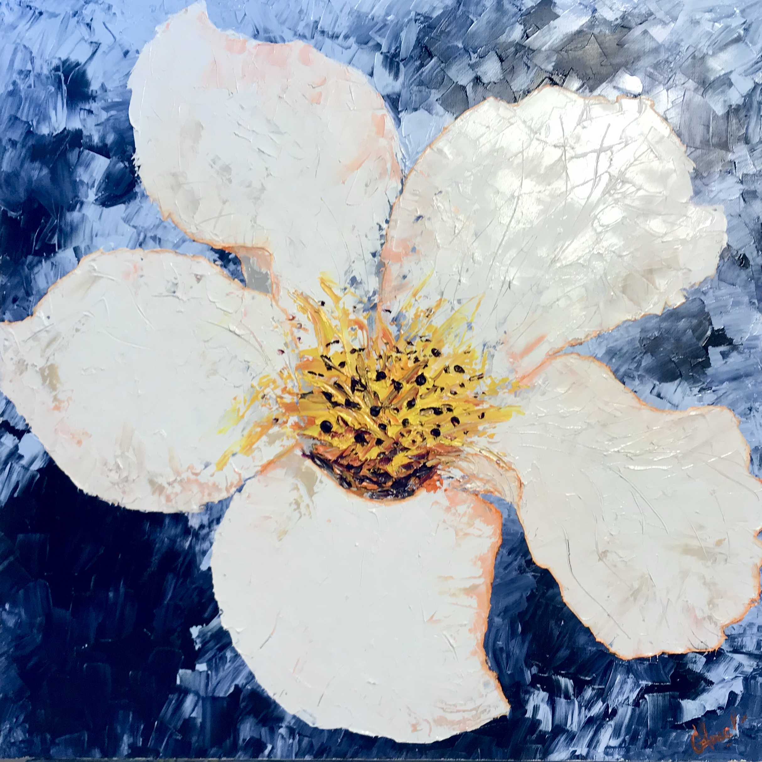 White Flower on Indigo oil painting by Lana Swan photographed in side light, showing the thick palette knife texture of the petals