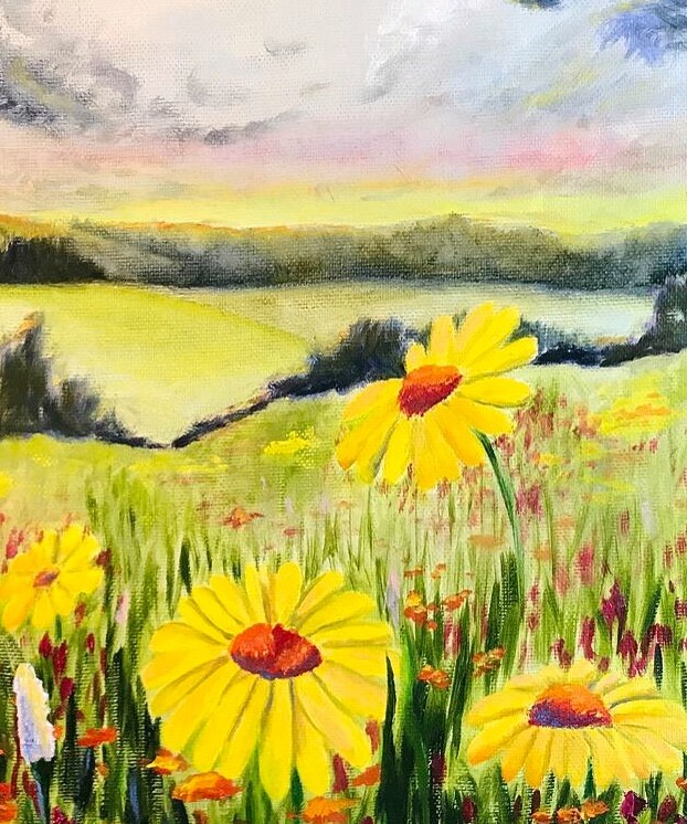 Wildflowers original oil painting by Lana Swan - yellow daisies and red wildflowers in a summer meadow