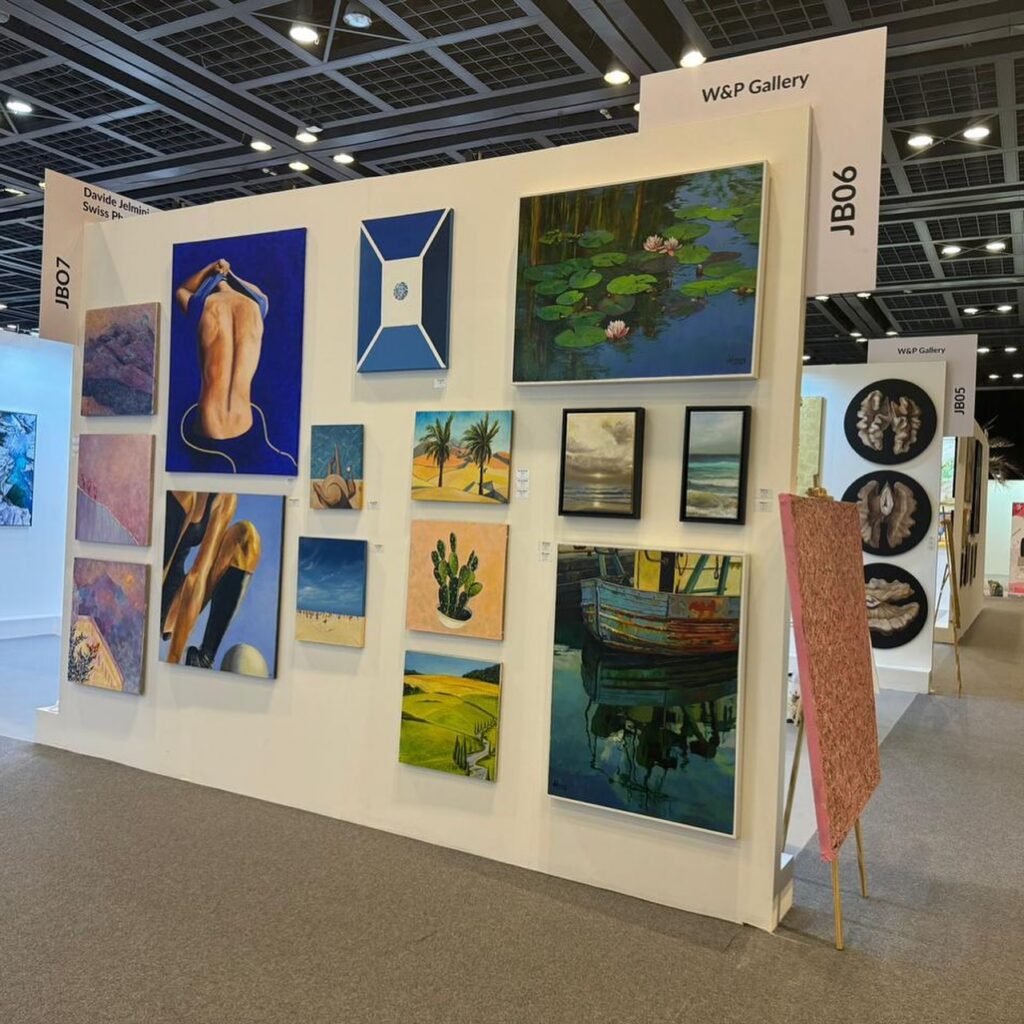 W&P Gallery stand at World Art Dubai 2024, Dubai World Trade Centre, with paintings by Lana Swan
